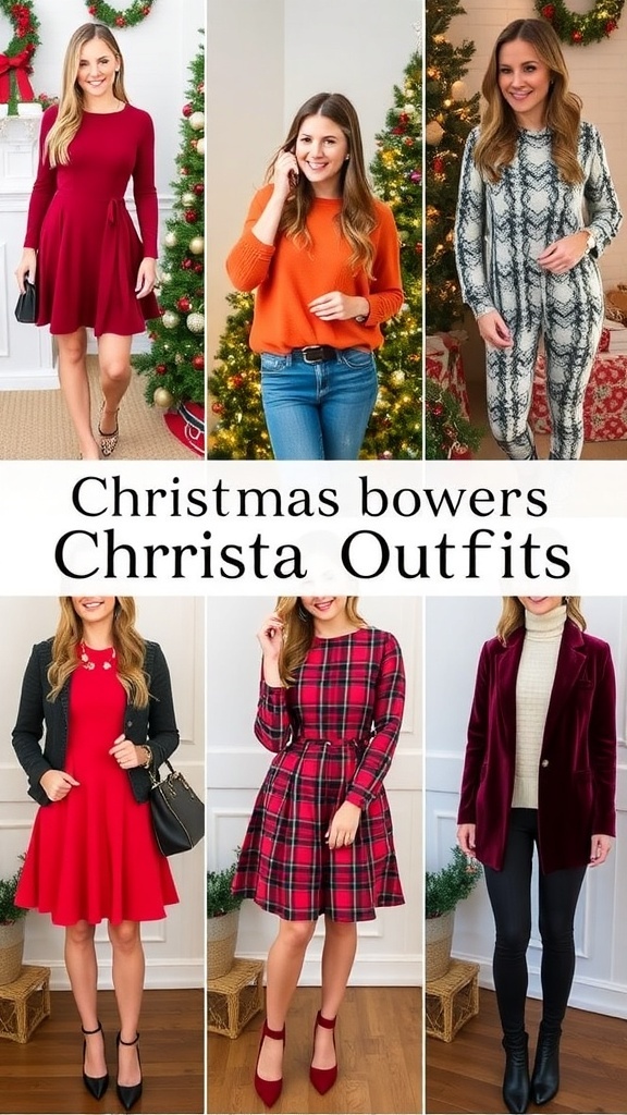 A collection of fashionable Christmas outfits for women, showcasing various styles and accessories.
